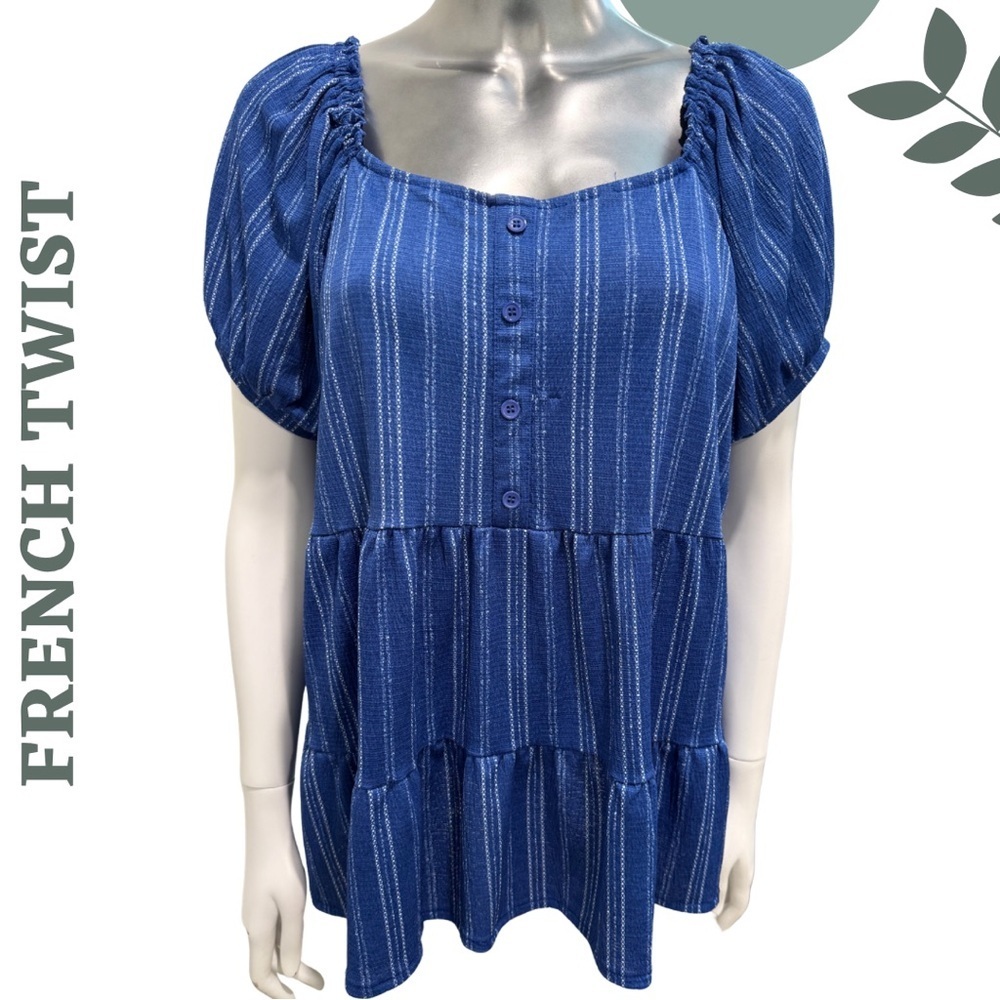 🛍️ FRENCH TWIST Blue Tiered Peasant Top – XL Puff Sleeves, Button Front
